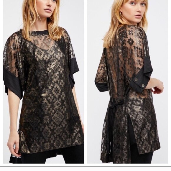Free People Gilded Age Sheer Oversize Tunic Top In Black And Gold Size XS EUC - Picture 1 of 13